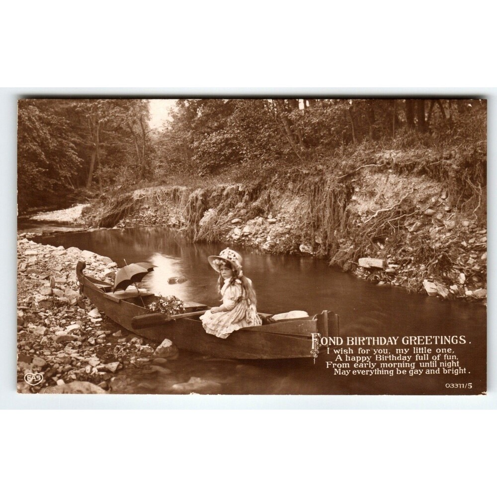 Birthday Greetings Poem RPPC Postcard Victorian Girl In Canoe Boat EAS Germany